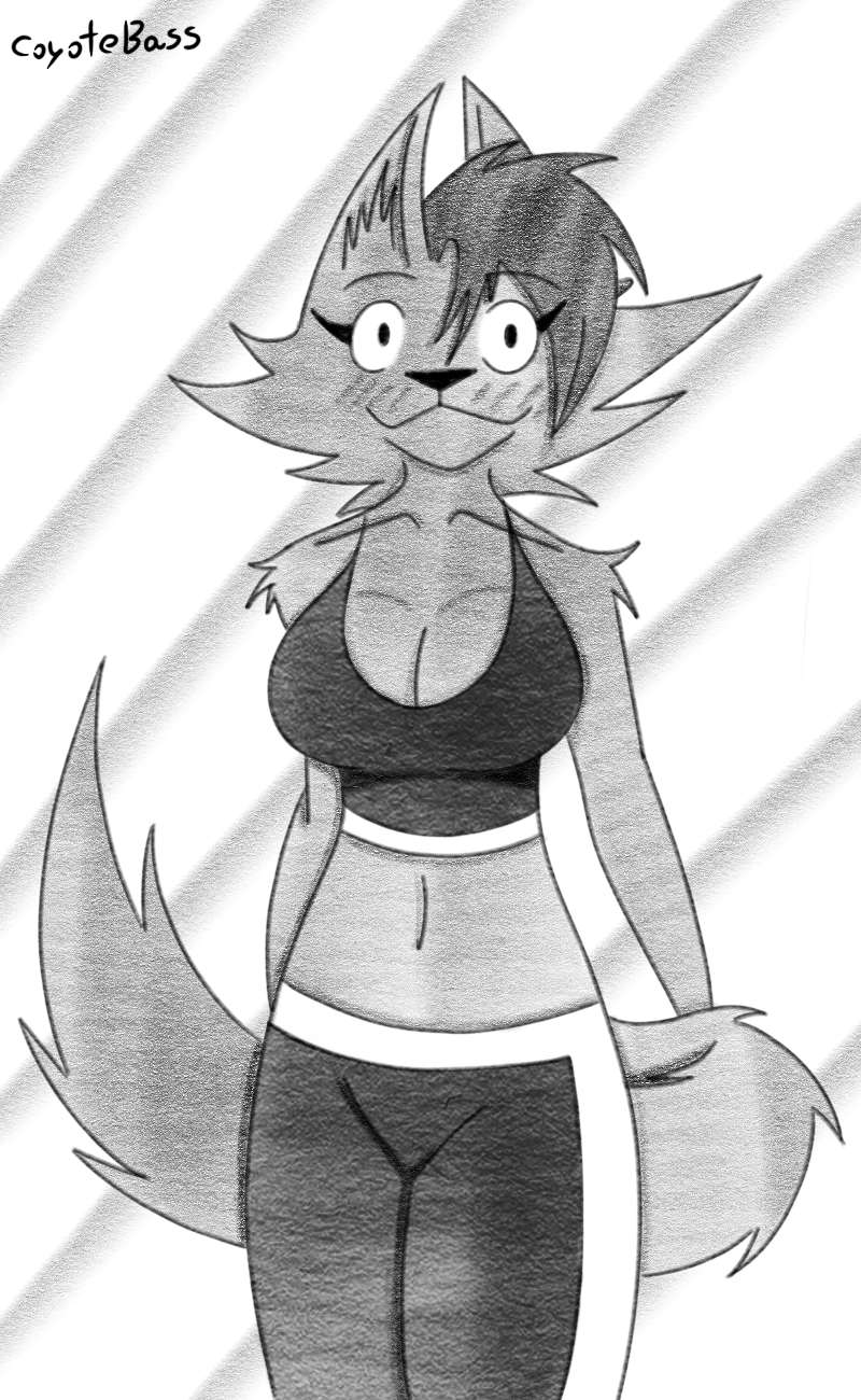 anthro big_breasts blush bra breasts canid canine canis clothed clothing coyote coyotebass female fur hair hi_res looking_at_viewer mammal monochrome simple_background smile solo sports_bra sportswear tail thick_thighs underwear xanny_(coyotebass)