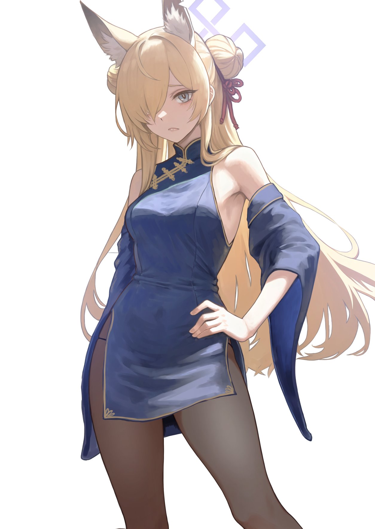 1girl alternate_costume animal_ear_fluff animal_ears black_pantyhose blonde_hair blue_archive blue_dress blue_eyes blue_sleeves breasts bright_pupils china_dress chinese_clothes closed_mouth commentary_request contrapposto detached_sleeves dog_ears double_bun dress extra_ears feet_out_of_frame hair_bun hair_over_one_eye hair_ribbon halo hand_on_own_hip highres kanna_(blue_archive) light_frown long_hair looking_at_viewer medium_breasts nito_(nshtntr) one_eye_covered pantyhose red_ribbon revision ribbon short_dress side_slit simple_background sleeveless sleeveless_dress solo standing very_long_hair white_background white_pupils wide_sleeves