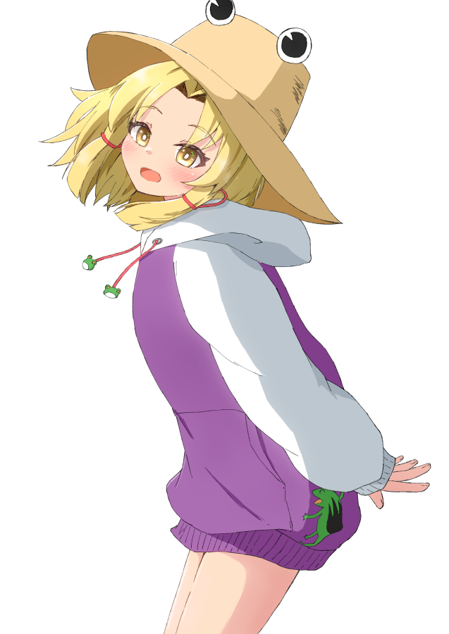 1girl blonde_hair blush bottomless breasts brown_hat commentary_request cowboy_shot hat hood hood_down hoodie long_sleeves medium_hair mizune_(winter) moriya_suwako open_mouth puffy_sleeves purple_hoodie simple_background small_breasts touhou white_background yellow_eyes