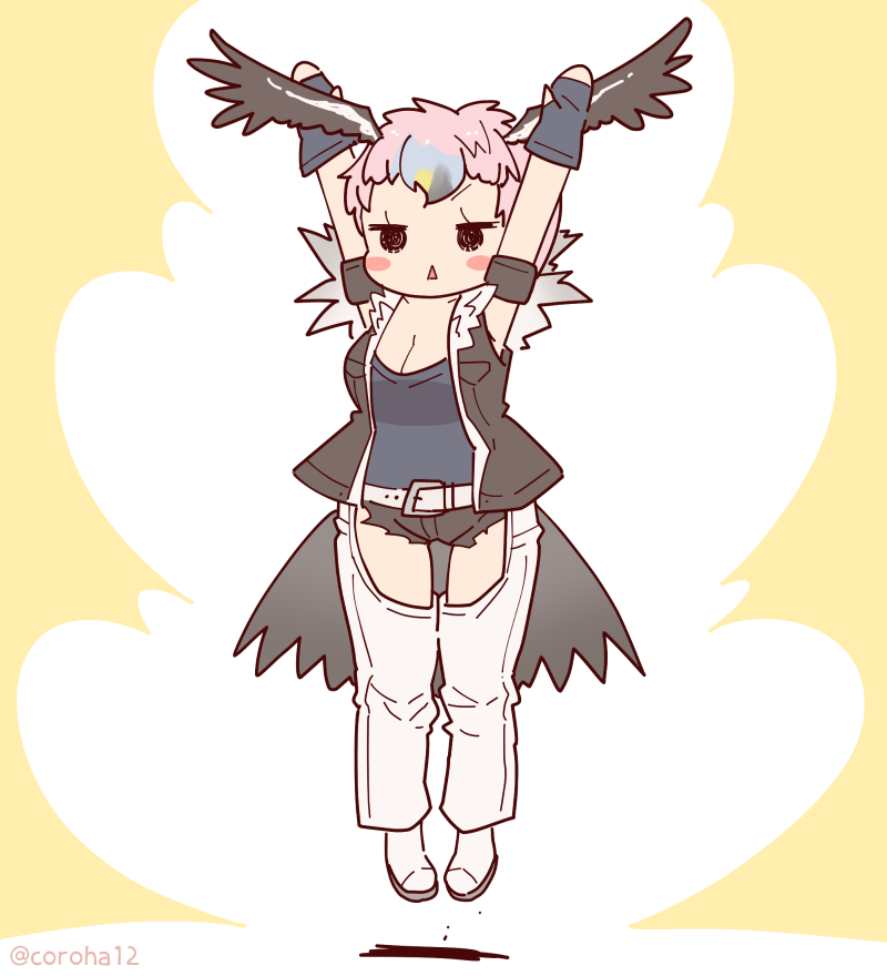 1girl arms_up belt bird_girl bird_tail bird_wings boots coroha feathered_wings fingerless_gloves full_body gloves head_wings jacket jumping kemono_friends lappet-faced_vulture_(kemono_friends) looking_at_viewer pants pink_hair shirt short_hair shorts simple_background sleeveless solo tail wings yellow_background