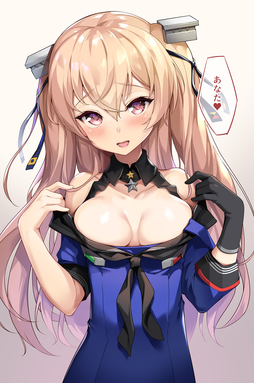 1girl :d asymmetrical_clothes bangs bare_shoulders black_gloves black_sailor_collar blonde_hair blue_dress blush breasts cleavage collarbone commentary_request dress eyebrows_visible_through_hair gloves gradient gradient_background gradient_hair grey_background head_tilt heart heart-shaped_pupils highres johnston_(kantai_collection) kantai_collection long_hair medium_breasts multicolored_hair off_shoulder open_mouth pink_hair purple_eyes sailor_collar sailor_dress shuffle_(songdatiankong) single_glove sleeves_folded_up smile solo speech_bubble spoken_heart star symbol-shaped_pupils translation_request two_side_up undressing upper_body very_long_hair
