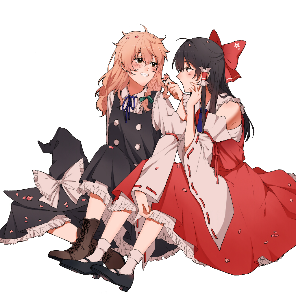 2girls ascot back_bow bare_shoulders black_dress black_hat blonde_hair blush bobby_socks border bow brown_footwear brown_hair carrying collarbone commentary detached_sleeves dress earrings flower frilled_bow frilled_shirt_collar frills grin hair_between_eyes hair_bow hair_tubes hakurei_reimu hat high_heels hitte5416 holding holding_flower jewelry kirisame_marisa long_hair looking_at_another multiple_girls neck_ribbon parted_lips petals petticoat ponytail puffy_short_sleeves puffy_sleeves red_bow red_footwear red_ribbon red_skirt red_vest ribbon ribbon-trimmed_collar ribbon_trim short_sleeves sidelocks simple_background sitting skirt smile socks symbol-only_commentary touhou vest wavy_mouth white_background white_border white_bow white_socks witch_hat yellow_ascot yellow_eyes yuri