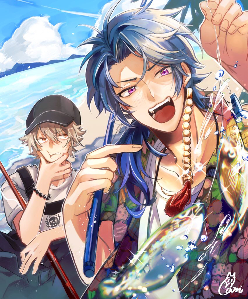 2boys aohitsugi_samatoki arisugawa_dice beach bead_necklace beads black_hat blue_eyes blue_hair blue_sky brown_hair cloud collarbone fingernails fish fishing_rod gami_ww glint holding holding_fishing_rod hypnosis_mic jewelry light_particles male_focus multiple_boys necklace open_mouth purple_eyes shirt signature sky teeth upper_teeth_only water_drop white_shirt