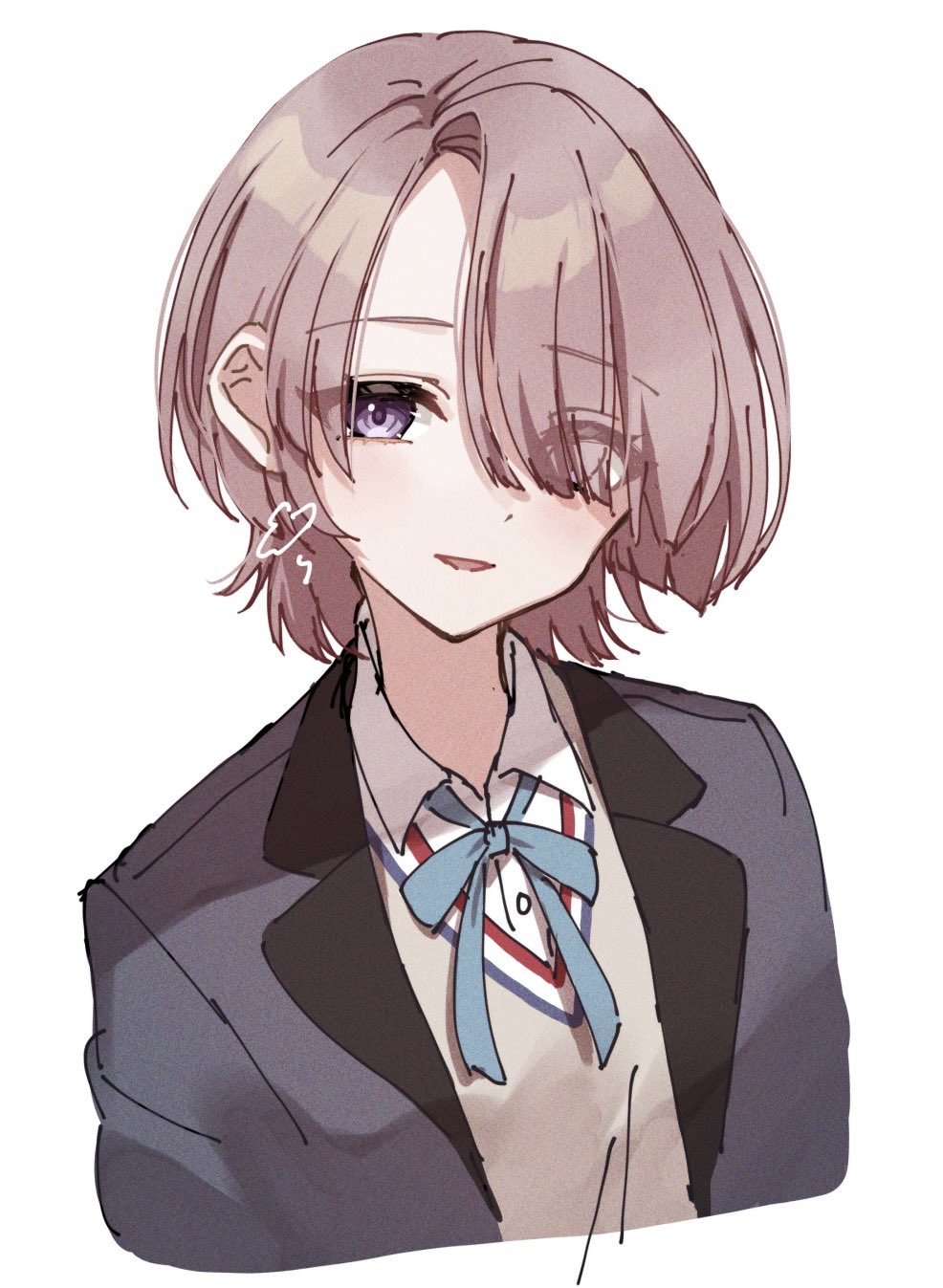 1girl arimura_mao blazer blue_jacket blue_ribbon brown_sweater_vest collared_shirt commentary cropped_torso dress_shirt eyes_visible_through_hair gakuen_idolmaster grey_hair hair_over_one_eye highres idolmaster jacket kaminari_kinenbi looking_at_viewer neck_ribbon open_clothes open_jacket open_mouth purple_eyes ribbon school_uniform shirt short_hair simple_background solo sweater_vest upper_body white_background white_shirt