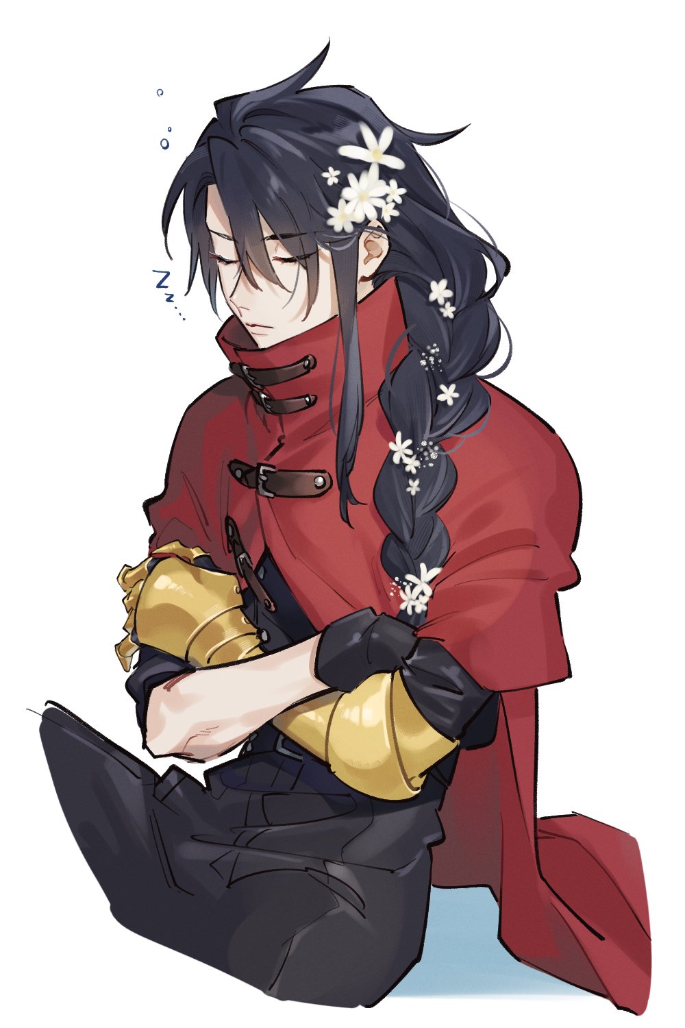 ... 1boy black_hair black_pants braid cloak closed_eyes closed_mouth commentary cropped_legs crossed_arms final_fantasy final_fantasy_vii flower hair_between_eyes hair_flower hair_ornament highres long_hair male_focus pants red_cloak side_braid simple_background solo squeans symbol-only_commentary tanaka_nmnl vincent_valentine white_background white_flower zzz