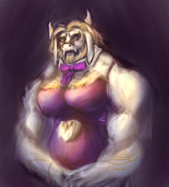 anthro arm_hair asgore_dreemurr beard biceps body_hair boss_monster_(undertale) bovid bow_tie caprine chest_hair clothing corset drakei facial_hair goat hairy horn lingerie looking_at_viewer low_res male mammal musclegut muscular muscular_male pecs solo topwear undertale_(series)