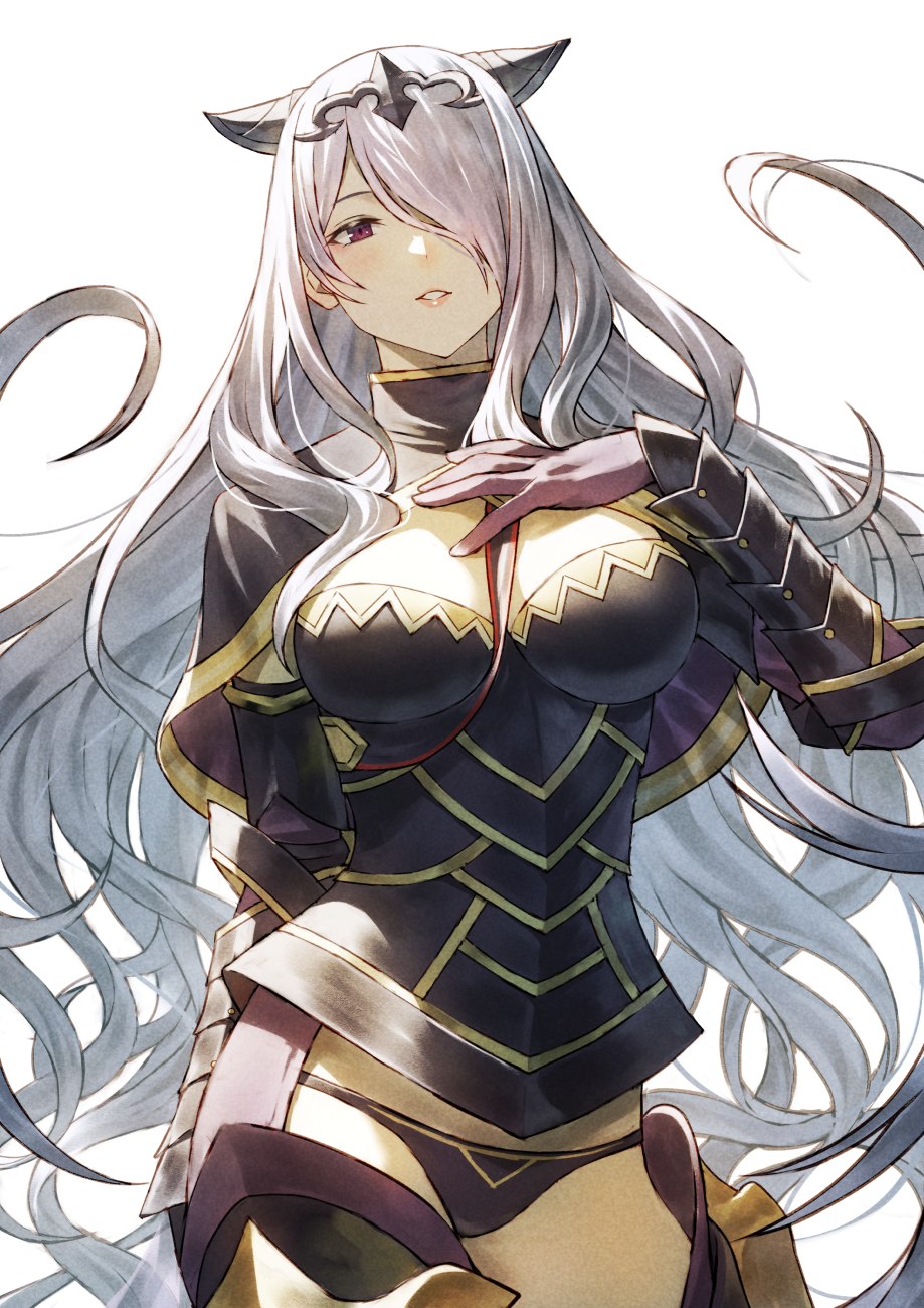 1girl armor black_armor black_capelet black_horns black_panties breasts camilla_(fire_emblem) capelet cleavage commentary_request fagi_(kakikaki) fake_horns fire_emblem fire_emblem_fates gloves gold_trim hair_over_one_eye highres horns large_breasts lips long_hair panties parted_lips pink_lips purple_eyes purple_gloves purple_hair simple_background solo underwear very_long_hair white_background