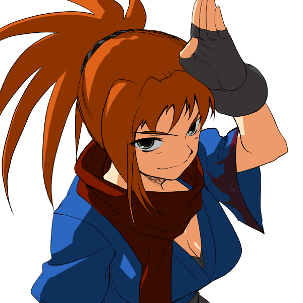 aiming_at_viewer aoba_(smartbeat) arm_up black_gloves breasts cleavage closed_mouth fingerless_gloves from_above gloves large_breasts looking_at_viewer looking_up my-otome ponytail salute smirk solo spiked_hair sugiura_midori white_background