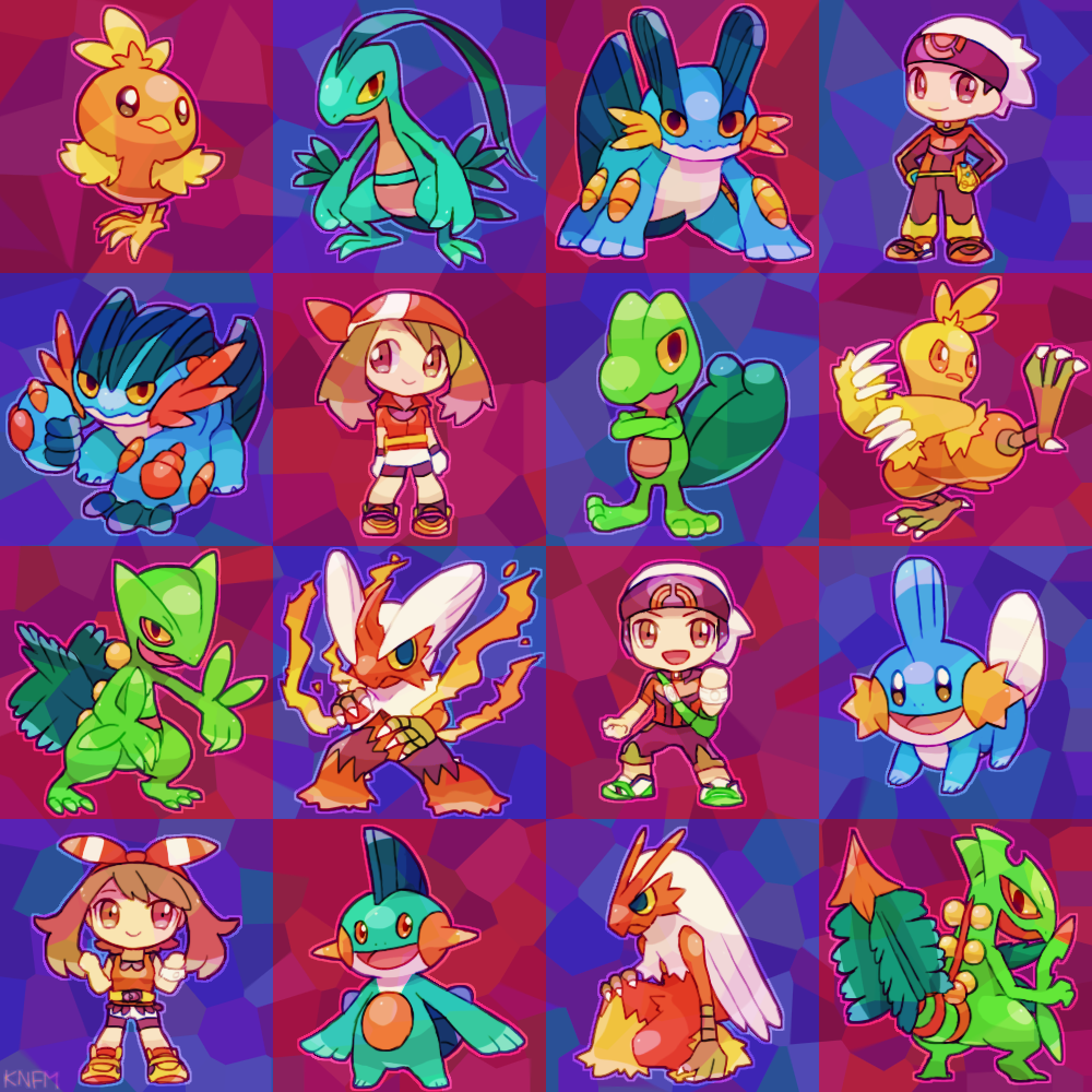 2boys 2girls bandana beanie bike_shorts_under_skirt blaziken brendan_(pokemon) brown_hair claws colored_sclera combusken crossed_arms deformed grovyle hat kanafumi_(spindle) marshtomp may_(pokemon) mega_blaziken mega_pokemon mega_ring mega_sceptile mega_swampert mudkip multiple_boys multiple_girls multiple_persona open_mouth pokemon pokemon_(creature) pokemon_oras pokemon_rse red_bandana sceptile solid_oval_eyes swampert torchic treecko yellow_sclera