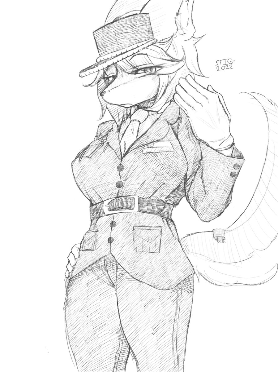 anthro belt canid canine canis clothing female fox gloves hair hand_on_hip handwear hat headgear headwear hi_res mammal military_uniform monochrome necktie red_fox short_hair sketch solo stiggler tail true_fox uniform yaco_kitagawa