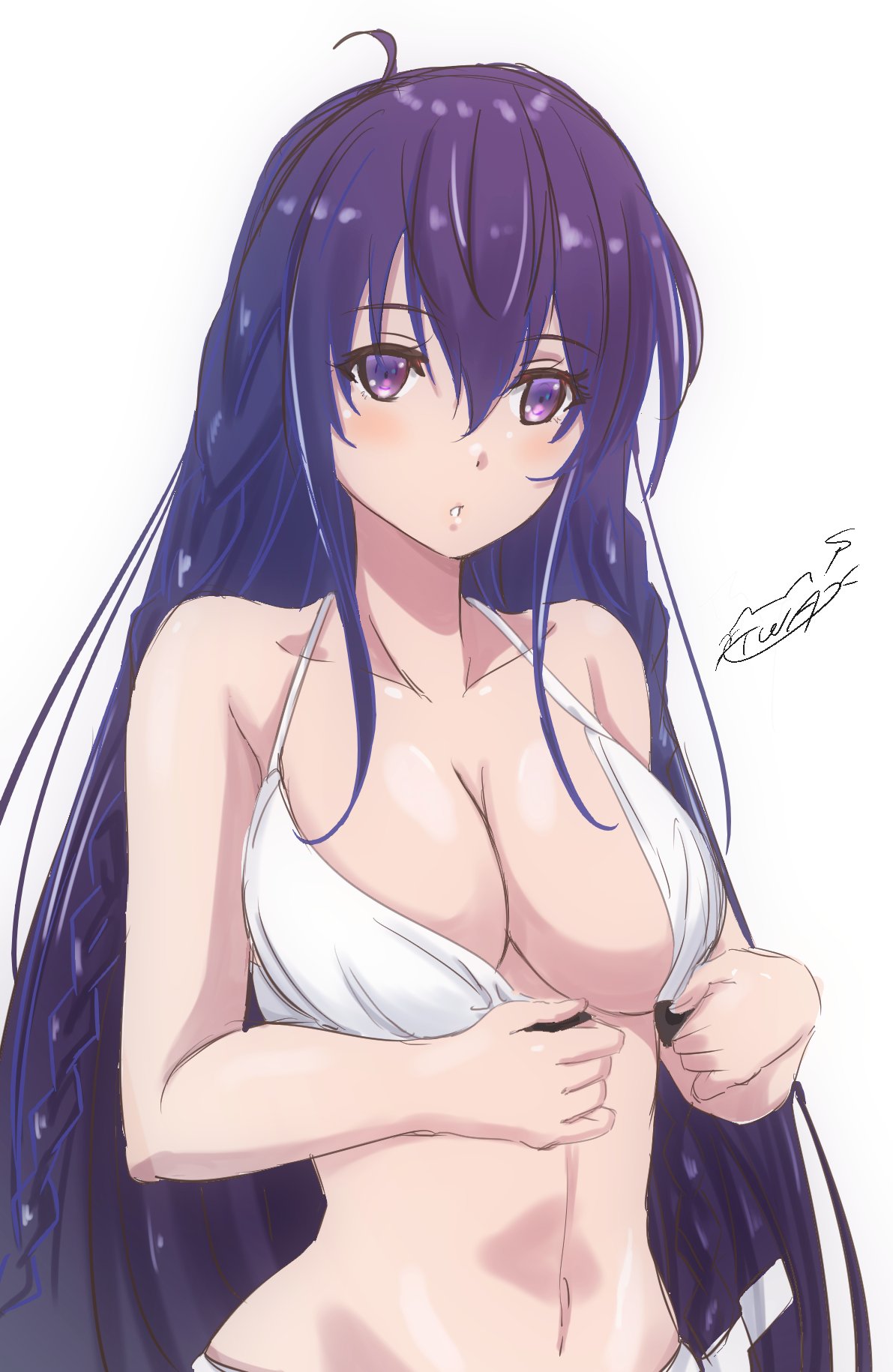 1girl bikini breasts eleonore_bianca highres large_breasts long_hair looking_at_viewer maou_gakuin_no_futekigousha navel official_art open_bikini open_clothes purple_eyes purple_hair solo swimsuit tamura_masafumi white_background white_bikini