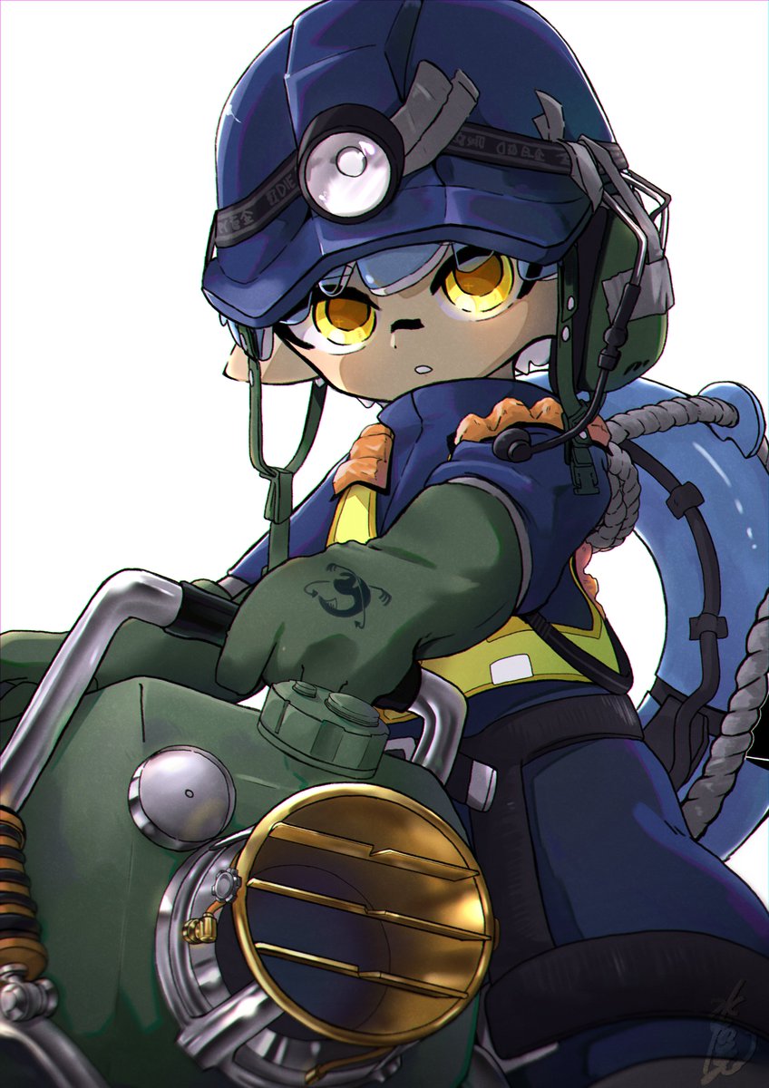 1boy blue_hair commentary_request explosher_(splatoon) gloves green_gloves highres holding holding_weapon inkling inkling_boy inkling_player_character lifebuoy looking_at_viewer male_focus mining_helmet pointy_ears rubber_gloves salmon_run_(splatoon) short_hair simple_background solo splatoon_(series) splatoon_3 suityunosakana swim_ring tentacle_hair weapon white_background yellow_eyes