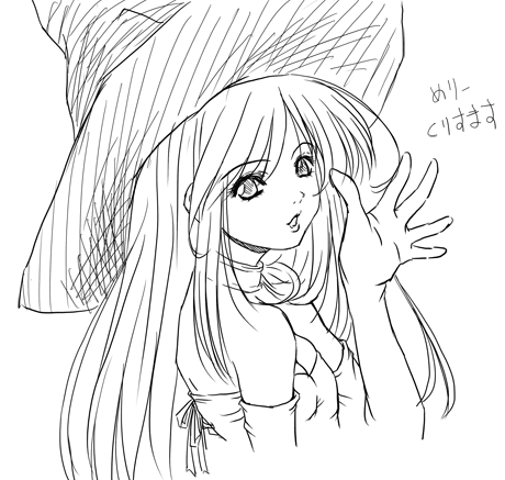 bucho choker christmas copyright_request greyscale hat lowres monochrome sketch solo witch_hat