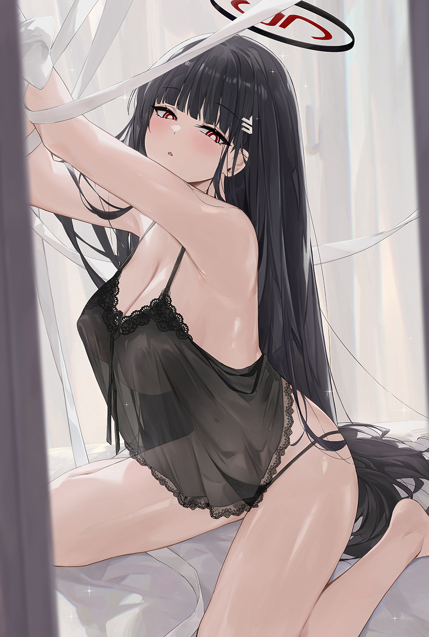 1girl :o armpits black_chemise black_hair black_panties blue_archive blush breasts cleavage commentary_request covered_nipples dema_hmw halo highres indoors kneeling large_breasts long_hair panties red_eyes rio_(blue_archive) see-through_chemise sideways_glance solo straight_hair underwear underwear_only very_long_hair