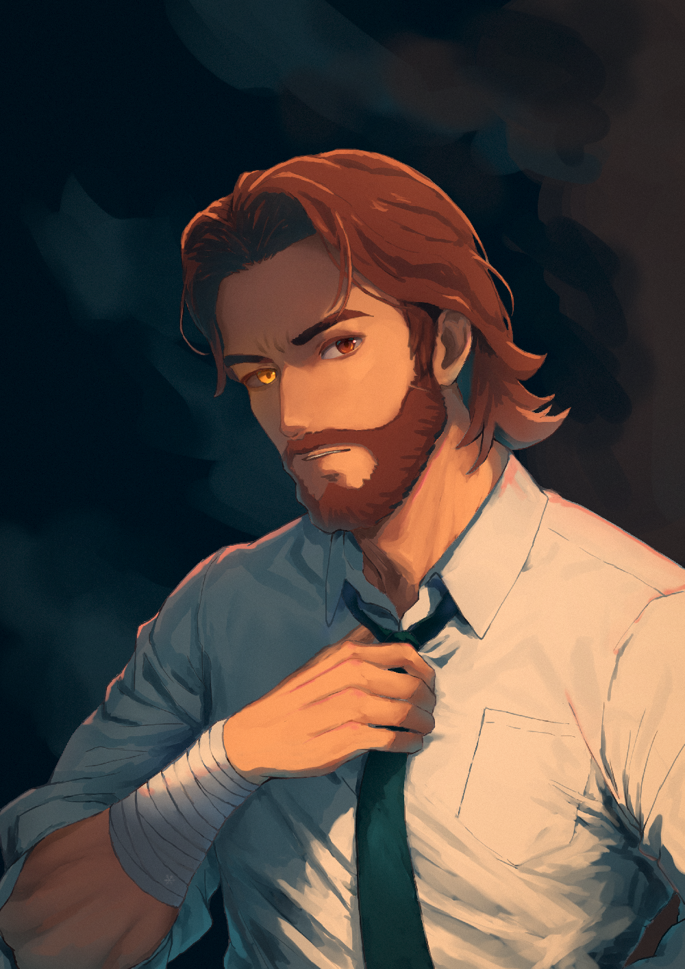 1boy adjusting_clothes adjusting_necktie bandaged_arm bandages beard bigby_wolf black_necktie brown_facial_hair brown_hair collared_shirt commentary facial_hair full_beard herfstijl heterochromia highres looking_at_viewer necktie parted_lips red_eyes shirt short_hair sleeves_past_elbows solo teeth the_wolf_among_us upper_body white_shirt yellow_eyes