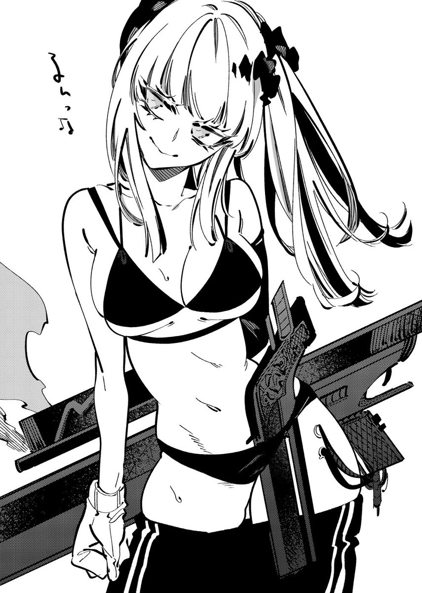 1girl bad_id bad_twitter_id bikini blunt_bangs bow breasts character_request copyright_request eyelashes gloves greyscale hair_bow highres holding holding_weapon looking_to_the_side monochrome musical_note pants sidelocks smile smoke solo swimsuit track_pants weapon wl6yugi8go1