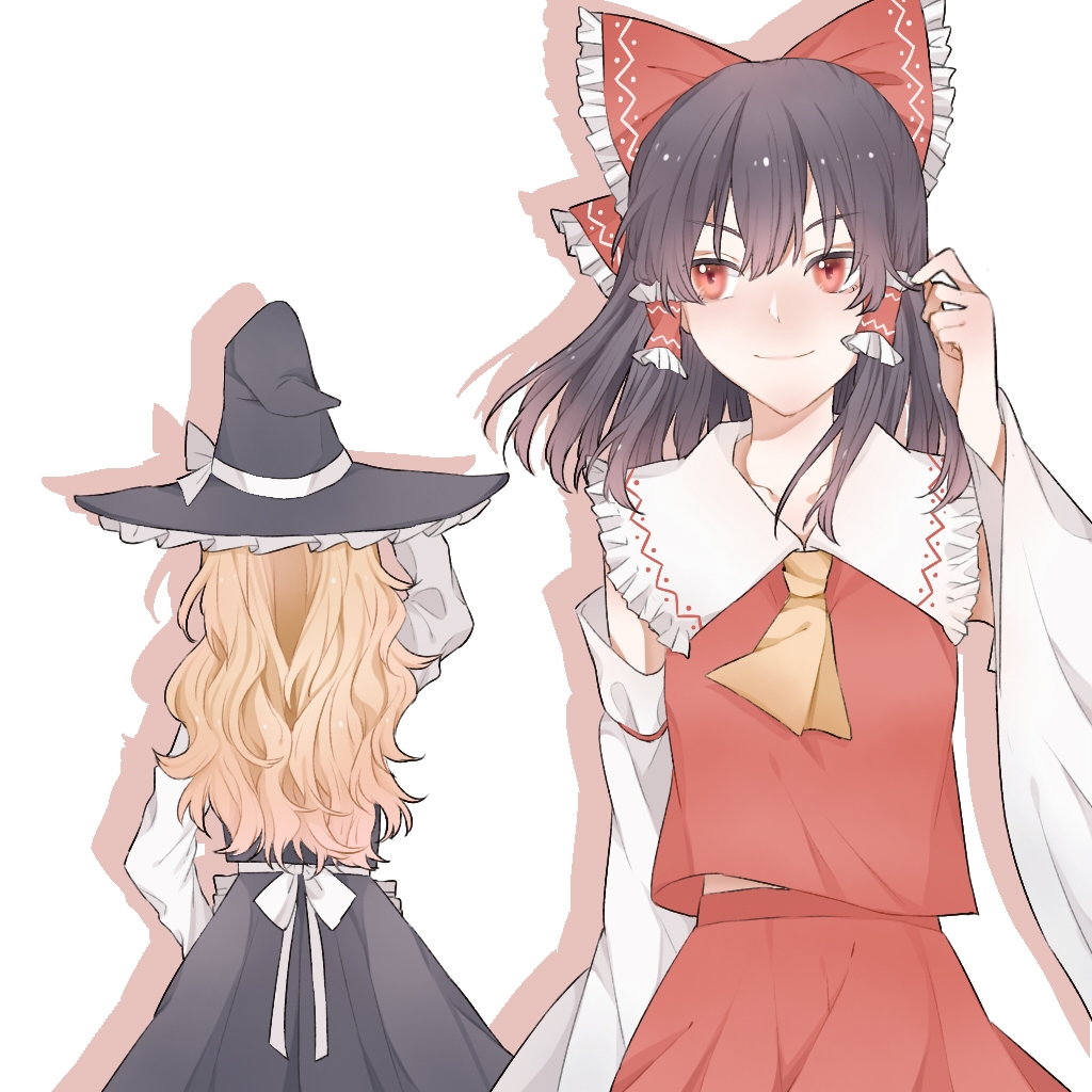 2girls black_dress black_hair black_hat blonde_hair bow closed_mouth commentary detached_sleeves dress hair_bow hair_tubes hakurei_reimu hat hitte5416 kirisame_marisa long_hair medium_hair multiple_girls necktie red_bow red_eyes red_shirt red_skirt shadow shirt simple_background skirt smile touhou white_background white_shirt witch_hat yellow_necktie