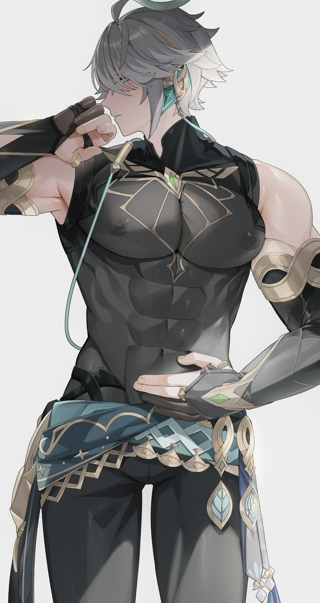 1boy abs alhaitham_(genshin_impact) alpaitham aqua_eyes aqua_hair black_gloves black_pants black_sleeves blush closed_mouth earrings fingerless_gloves genshin_impact gloves grey_hair hair_between_eyes hair_over_one_eye highres jewelry male_focus multicolored_hair muscular muscular_male navel nipples pants shirt short_hair solo