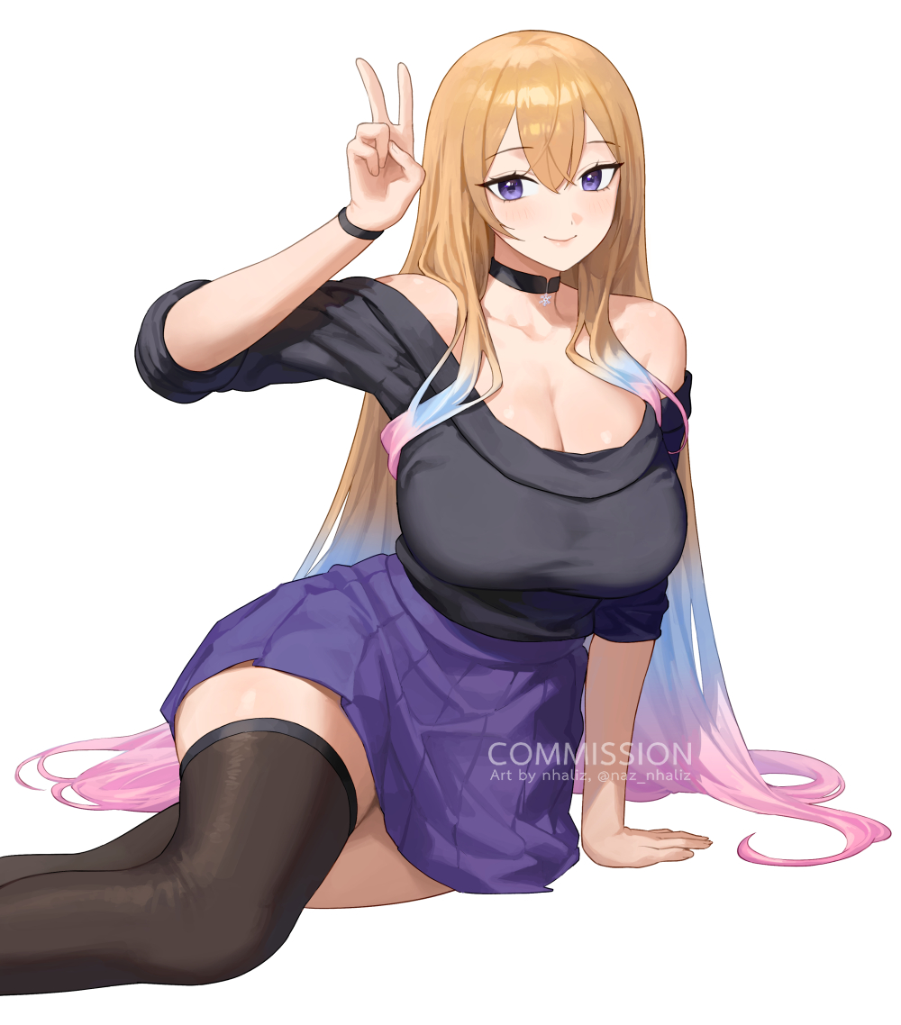 1girl arm_support bare_shoulders black_choker black_shirt black_thighhighs blonde_hair blue_hair borrowed_character breasts choker cleavage commentary commission feet_out_of_frame gradient_hair hand_up large_breasts long_hair looking_at_viewer miniskirt multicolored_hair nhaliz off-shoulder_shirt off_shoulder original pink_hair pleated_skirt purple_eyes purple_skirt shirt short_sleeves sitting skirt smile solo thighhighs v very_long_hair zettai_ryouiki