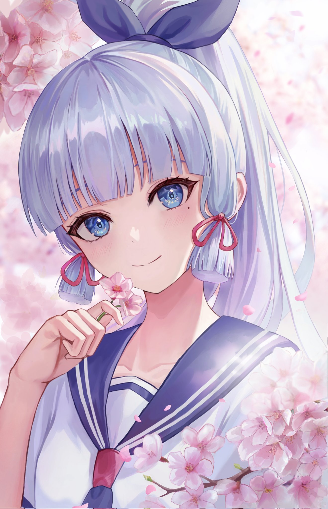 1girl alternate_costume blue_eyes blue_hair blue_neckerchief blunt_bangs blush breasts cherry_blossoms closed_mouth flower genshin_impact hair_ornament hair_ribbon highres holding holding_flower kama_(kama_ovo) kamisato_ayaka long_hair looking_at_viewer medium_breasts mole mole_under_eye neckerchief ponytail ribbon school_uniform smile solo