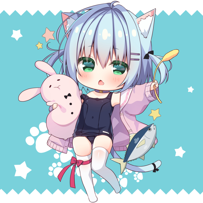 1girl animal_ear_fluff animal_ears black_ribbon blue_background blue_hair blue_one-piece_swimsuit blush bow cat_ears cat_girl cat_tail cat_teaser choker commentary_request fang full_body green_eyes hair_between_eyes hair_ornament hair_ribbon hairclip hanamiya_natsuka holding jacket long_sleeves looking_at_viewer no_shoes old_school_swimsuit one-piece_swimsuit open_clothes open_jacket open_mouth original puffy_long_sleeves puffy_sleeves purple_choker purple_jacket red_bow ribbon school_swimsuit skindentation sleeves_past_wrists solo starry_background strap_slip swimsuit swimsuit_under_clothes tail thighhighs two-tone_background two_side_up white_background white_thighhighs