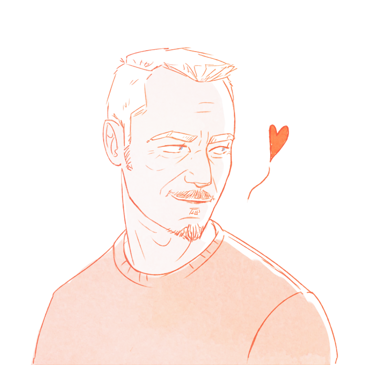 1boy facial_hair goatee heart male_focus marcus_keane mature_male monochrome mustache short_hair simple_background smile solo sweater the_exorcist upper_body weardes wrinkled_skin