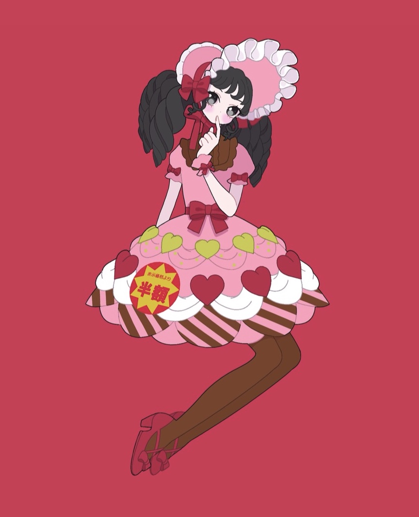 1girl black_eyes black_hair brown_pantyhose dress finger_to_mouth full_body gaaruru_(pripara) hand_up heart heart_print high_heels index_finger_raised lolita_fashion long_hair looking_at_viewer nyaasechan pantyhose pink_background pink_dress pretty_series pripara puffy_short_sleeves puffy_sleeves red_background red_footwear shoes short_sleeves sidelocks simple_background solo twintails wrist_cuffs