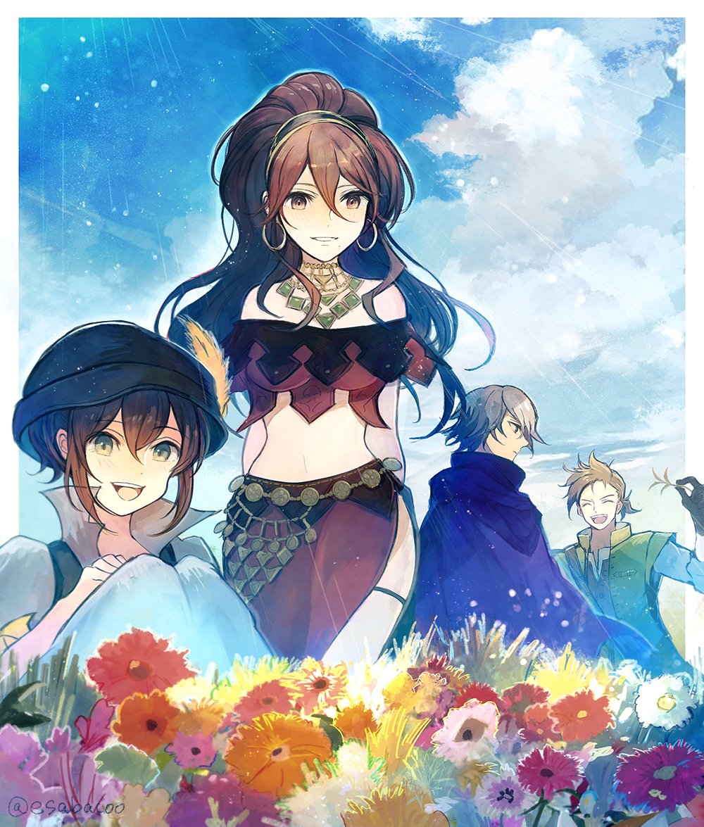 2boys 2girls bare_shoulders black_hat blue_cloak blue_sky brown_eyes brown_hair character_request check_character cloak cloud crop_top day earrings flower green_vest grey_hair grin hoop_earrings jewelry leaf_(esabacoo) long_hair looking_at_viewer midriff multiple_boys multiple_girls navel necklace octopath_traveler off-shoulder_shirt off_shoulder primrose_azelhart red_shirt red_skirt shirt short_sleeves skirt sky smile stomach therion_(octopath_traveler) tressa_colzione vest