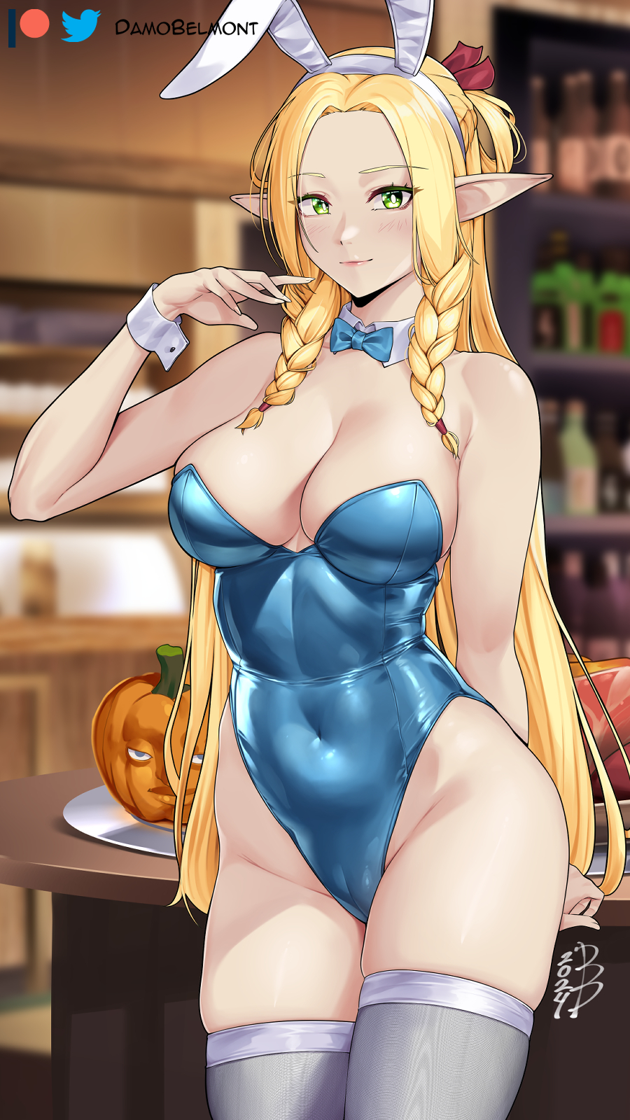 1girl animal_ears blonde_hair blue_bow blue_bowtie blue_leotard blurry blurry_background bow bowtie braid breasts cleavage closed_mouth covered_navel damobelmont detached_collar dungeon_meshi elf fake_animal_ears green_eyes grey_thighhighs highleg highleg_leotard highres indoors large_breasts leotard light_smile long_hair looking_at_viewer marcille_donato playboy_bunny pointy_ears pumpkin rabbit_ears signature solo thighhighs twin_braids white_wrist_cuffs wrist_cuffs