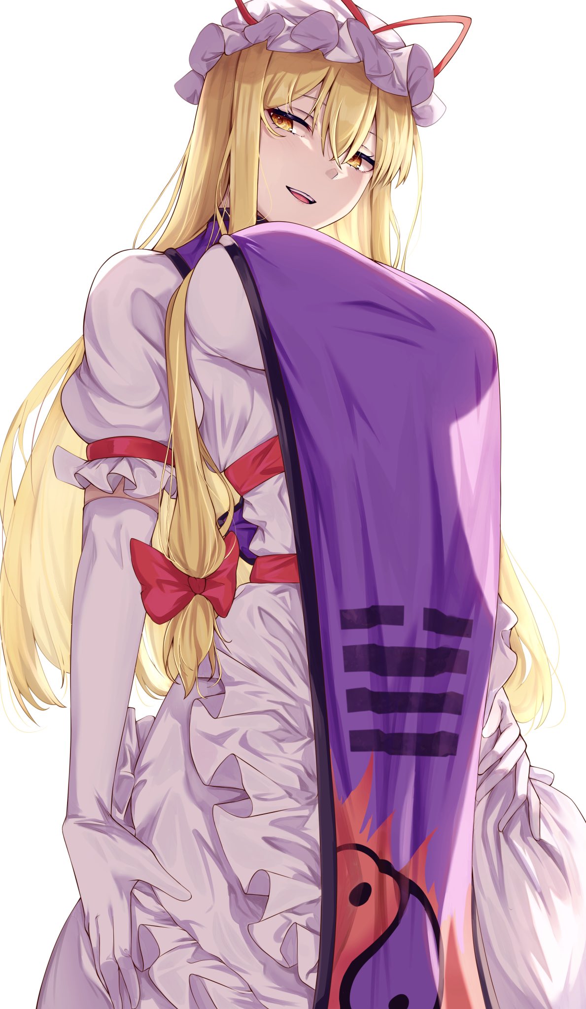 1girl blonde_hair bow breasts commentary_request dress elbow_gloves from_below gloves hat hat_ribbon highres large_breasts long_hair mirufui mob_cap open_mouth parted_lips purple_tabard red_bow red_ribbon ribbon solo tabard touhou upper_body very_long_hair white_dress white_gloves white_hat yakumo_yukari yellow_eyes