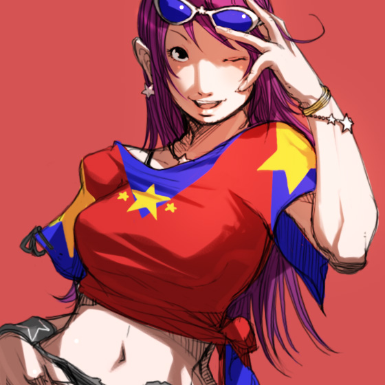 asamiya_athena black_eyes bracelet breasts falcoon jewelry large_breasts long_hair midriff navel necklace one_eye_closed open_mouth purple_hair shirt smile snk solo star sunglasses t-shirt the_king_of_fighters wristband