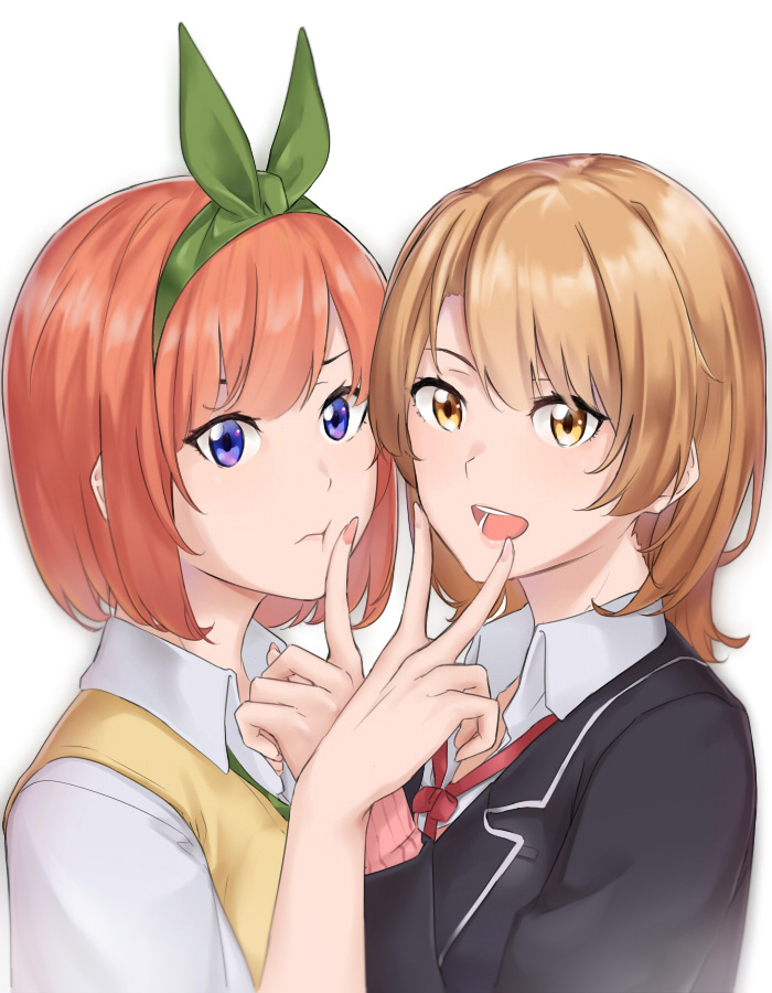 2girls :d black_jacket blue_eyes brown_hair cardigan cardigan_under_jacket cheek_press collared_shirt crossover english_commentary finger_to_another's_mouth go-toubun_no_hanayome green_ribbon hair_ribbon isshiki_iroha jacket looking_at_viewer multiple_girls nakano_yotsuba orange_hair pink_cardigan ribbon saruno_(eyesonly712) school_uniform shirt short_hair smile sobu_high_school_uniform sweater_vest upper_body voice_actor_connection white_background yahari_ore_no_seishun_lovecome_wa_machigatteiru. yellow_eyes yellow_sweater_vest