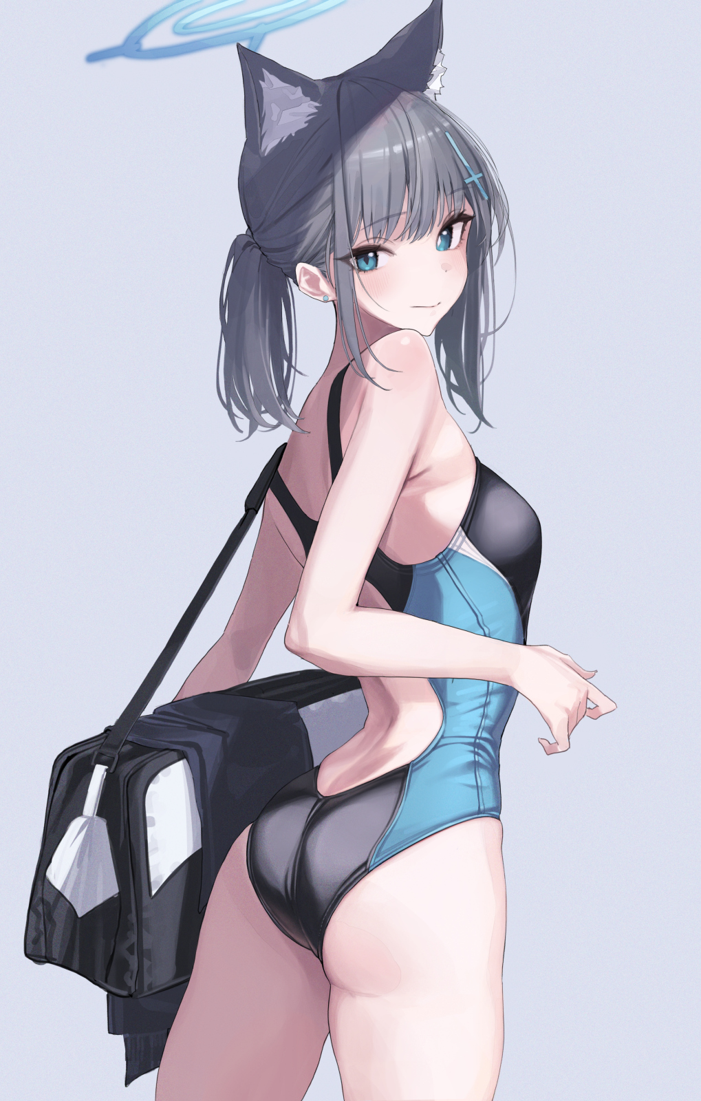 1girl animal_ears backless_swimsuit black_bag black_one-piece_swimsuit blue_archive blue_eyes blue_halo breasts closed_mouth commentary_request competition_swimsuit cowboy_shot cross_hair_ornament from_behind grey_background grey_hair hair_ornament halo highres long_hair looking_at_viewer looking_back mismatched_pupils official_alternate_costume one-piece_swimsuit ponytail shiroko_(blue_archive) shiroko_(swimsuit)_(blue_archive) simple_background small_breasts solo standing swimsuit tooyon wolf_ears