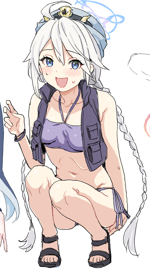 1girl :d ahoge bare_shoulders bikini blue_archive blue_eyes blush braid breasts character_request clearite halo hat looking_at_viewer navel purple_bikini sandals simple_background smile solo squatting swimsuit twin_braids vest white_background white_hair