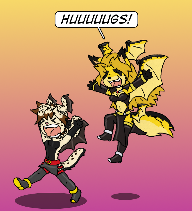 abel_(dmfa) anthro bat_wings bottomwear canid canine canis chasing chibi clothed clothing cubi_(race) dan_and_mab's_furry_adventures demon duo fangs felid female fennec_fox fox happy head_wings humor keaton_(sunblink) male male/female mammal membrane_(anatomy) membranous_wings midriff navel pants project_future robe running siegfriednox simple_background tail teeth topless true_fox wings