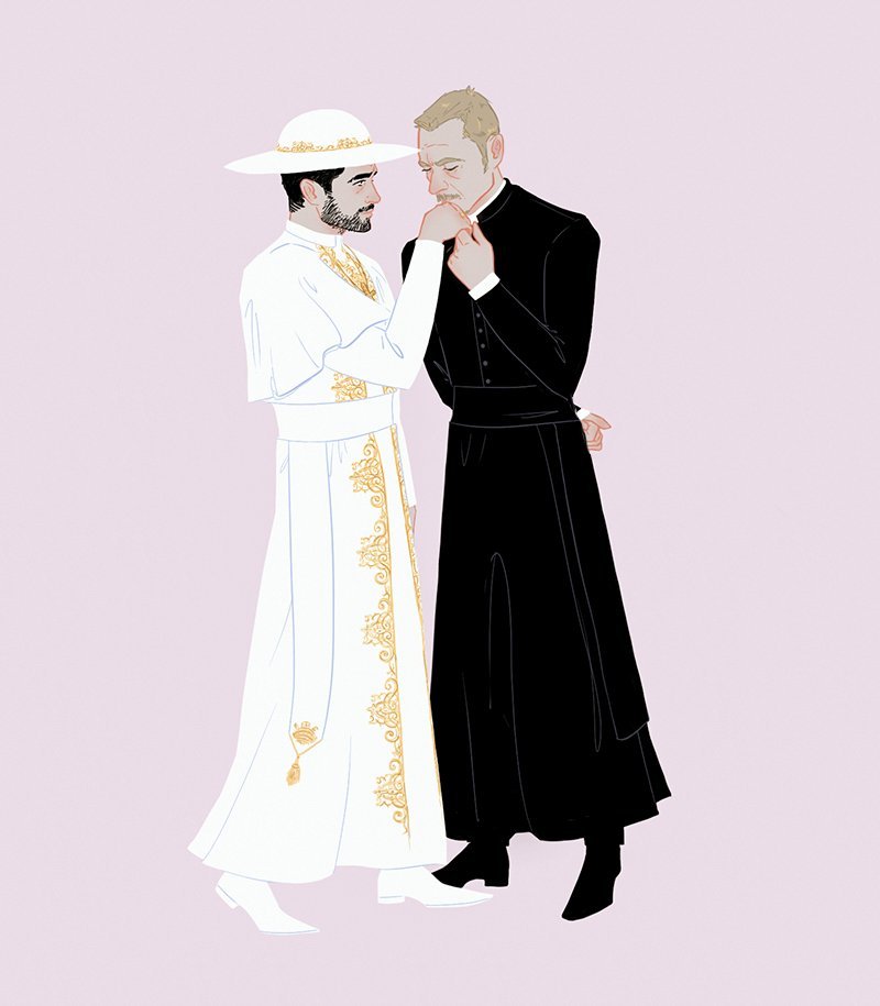 2boys arm_behind_back beard black_hair blonde_hair cassock clerical_collar facial_hair full_beard full_body goatee holding_hands kiss kissing_hand looking_at_another male_focus marcus_keane multiple_boys mustache pink_background priest simple_background the_exorcist tomas_ortega weardes yaoi