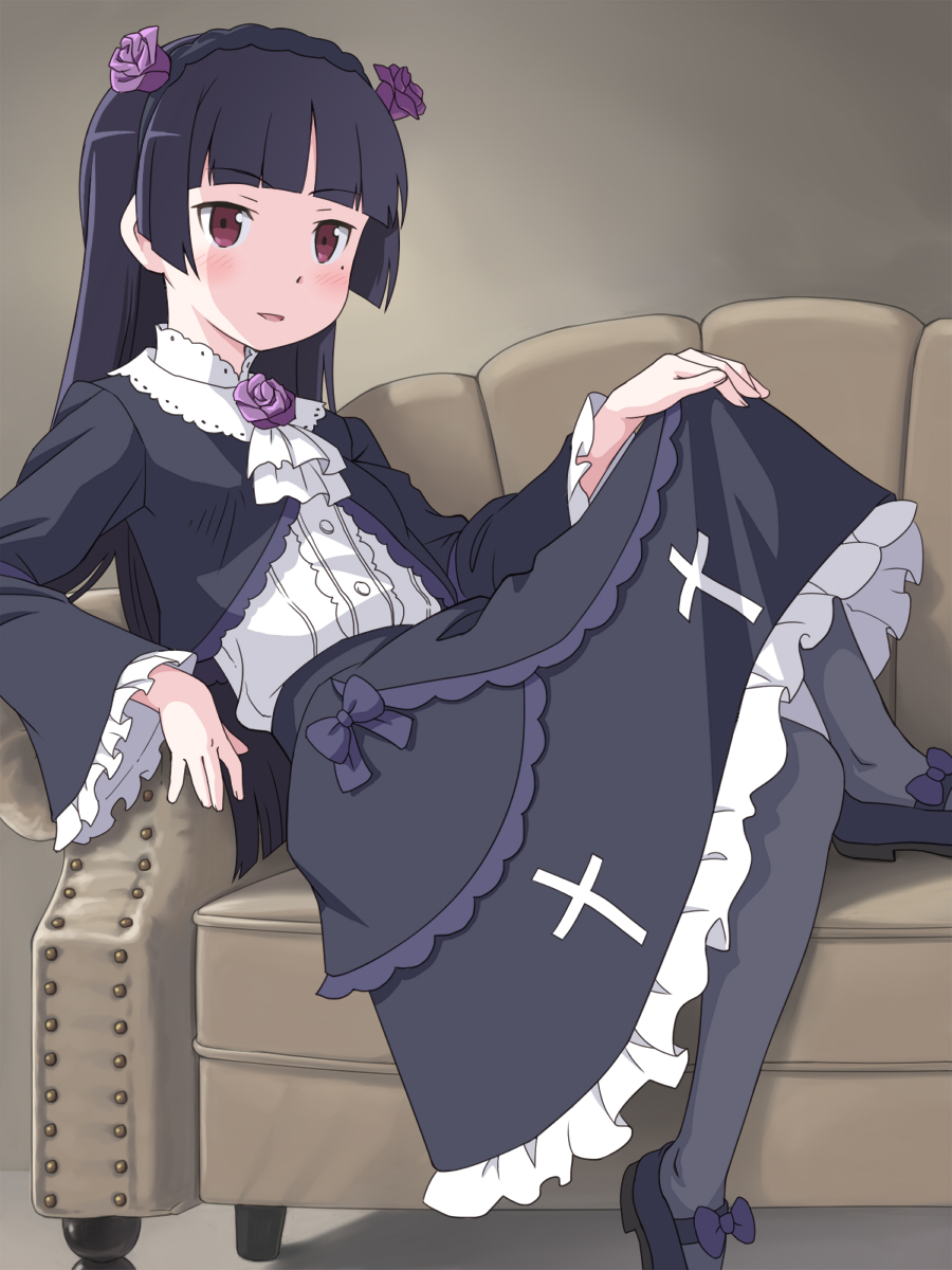 1girl black_hair black_skirt blush commentary_request couch flower gokou_ruri hair_flower hair_ornament highres long_hair long_sleeves looking_at_viewer meow_(nekodenki) mole mole_under_eye on_couch ore_no_imouto_ga_konna_ni_kawaii_wake_ga_nai red_eyes skirt solo