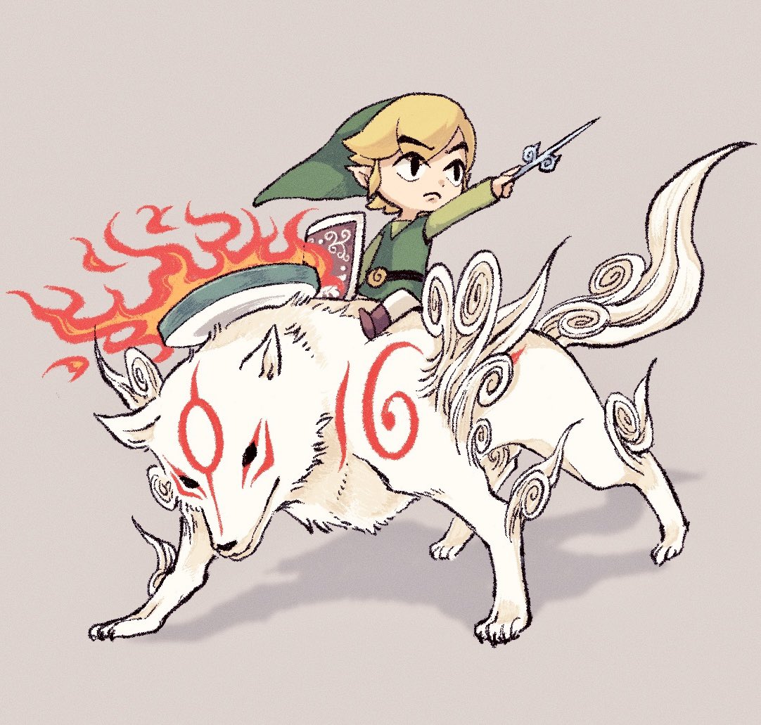 1boy amaterasu_(ookami) blonde_hair crossover full_body gari_osushi green_hat green_shirt grey_background holding holding_baton holding_shield link ookami_(game) pointy_hat shield shirt short_hair simple_background the_legend_of_zelda the_legend_of_zelda:_the_wind_waker toon_link white_wolf wind_waker_(object)