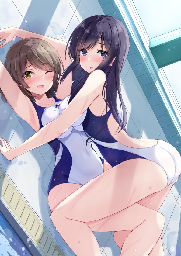 2girls alice_gear_aegis all_fours ass black_eyes black_hair brown_eyes brown_hair character_request competition_swimsuit dutch_angle feet_out_of_frame gungun_(hakutou7887) long_hair multiple_girls one-piece_swimsuit one_eye_closed poolside rei_no_pool short_hair swimsuit white_one-piece_swimsuit yuri