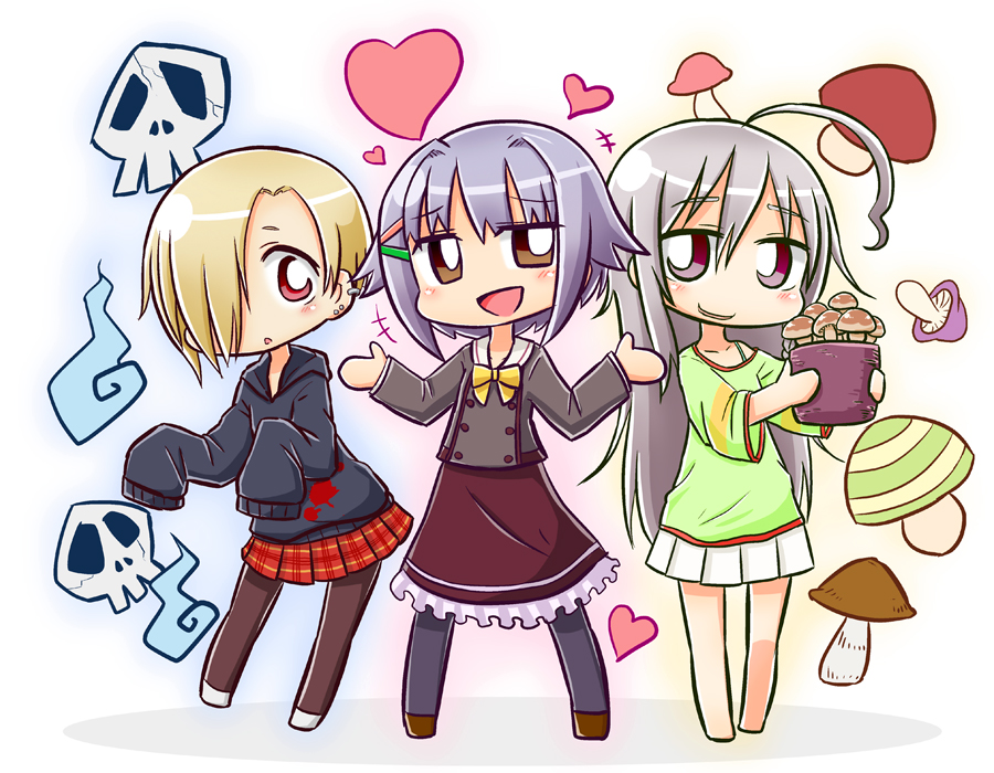 +++ 3girls :d :o ahoge barefoot black_hoodie black_pantyhose blush brown_eyes brown_footwear brown_pantyhose brown_skirt chibi commentary_request crack flower_pot frilled_skirt frills green_shirt grey_hair grey_jacket hair_flaps hair_intakes hair_ornament hair_over_one_eye hairclip heart hitodama hood hood_down hoodie hoshi_syoko idolmaster idolmaster_cinderella_girls jacket kawaii_boku_to_142's_(idolmaster) koshimizu_sachiko light_brown_hair long_hair long_sleeves multiple_girls mushroom naga_u pantyhose parted_lips plaid plaid_skirt pleated_skirt puffy_long_sleeves puffy_sleeves red_eyes red_skirt sailor_collar shirasaka_koume shirt shoes skirt skull sleeves_past_fingers sleeves_past_wrists smile very_long_hair white_background white_footwear white_sailor_collar white_skirt wide_sleeves