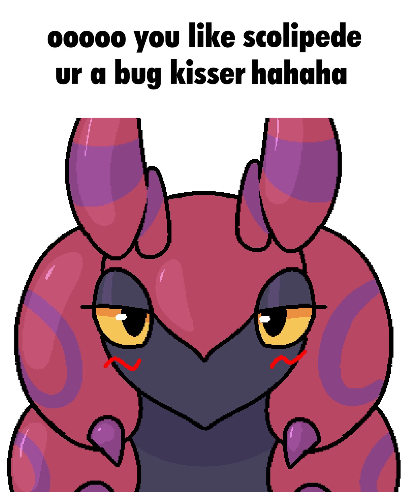 2023 ambiguous_gender antennae_(anatomy) arthropod blush blush_lines boy_kisser_(meme) caption english_text feral front_view generation_5_pokemon gushee headshot_portrait hi_res lidded_eyes looking_at_viewer meme nintendo pokemon pokemon_(species) portrait scolipede simple_background solo text white_background