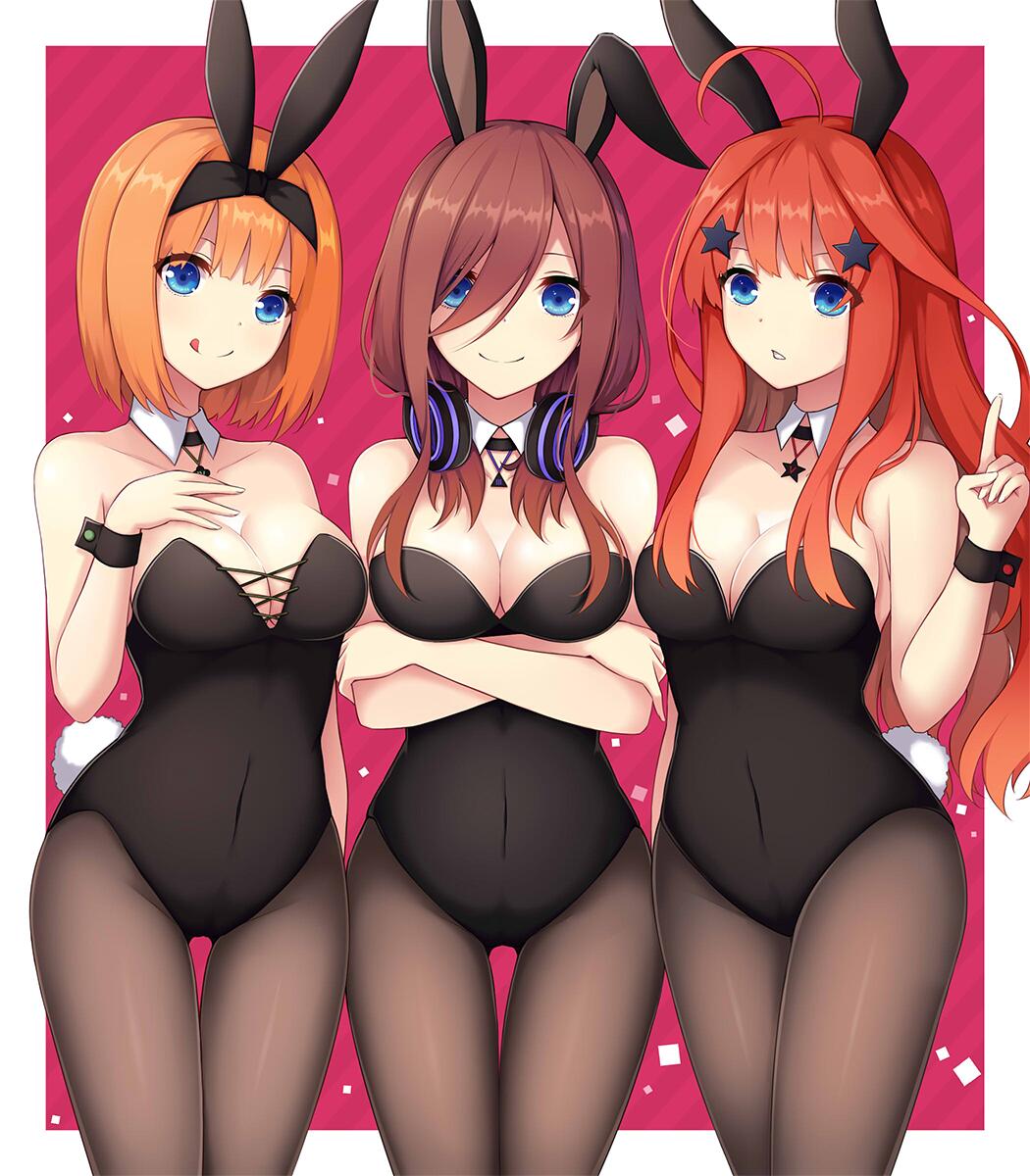 3girls :q animal_ears black_leotard blue_eyes border breasts brown_hair brown_pantyhose cleavage commentary_request crossed_arms detached_collar fake_animal_ears fake_tail go-toubun_no_hanayome gradient_background hair_ornament headphones headphones_around_neck highleg highleg_leotard highres large_breasts leotard long_hair_between_eyes looking_at_viewer lucky_keai multiple_girls nakano_itsuki nakano_miku nakano_yotsuba orange_hair outside_border pantyhose pink_background playboy_bunny rabbit_ears rabbit_tail red_background red_hair siblings simple_background sisters smile star_(symbol) star_hair_ornament strapless strapless_leotard tail thigh_gap tongue tongue_out twins white_border wing_collar