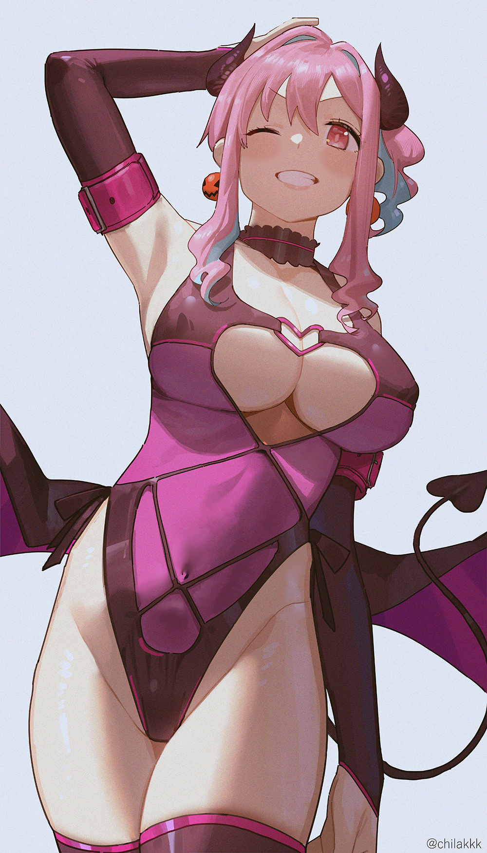 1girl aqua_hair blush breasts chilakkk demon_horns demon_tail demon_wings elbow_gloves gloves highres horns hozuki_kaede large_breasts leotard multicolored_hair one_eye_closed onii-chan_wa_oshimai! pink_eyes pink_gloves pink_hair pink_leotard pink_thighhighs smile solo tail thighhighs thighs two-tone_hair wings