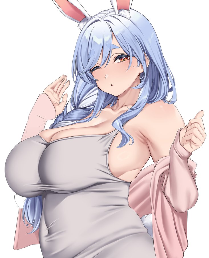 1girl animal_ear_fluff animal_ears armpits bare_shoulders blue_hair blush braid breasts hololive large_breasts long_hair looking_at_viewer mature_female moisture_(chichi) multicolored_hair pekomama plump rabbit_ears rabbit_girl short_eyebrows solo thick_eyebrows upper_body virtual_youtuber white_hair