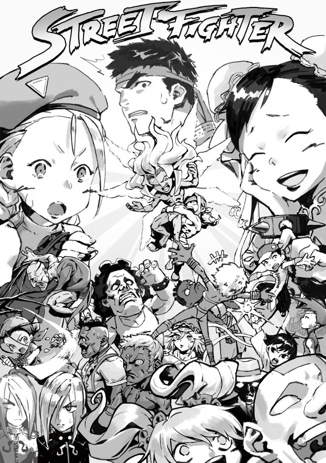 alex_(street_fighter) cammy_white chibi chun-li elena_(street_fighter) gill_(street_fighter) grabbing headband hugo_andore ibuki_(street_fighter) laughing light_rays makoto_(street_fighter) monochrome necro_(street_fighter) official_art oro_(street_fighter) poison_(final_fight) q_(street_fighter) remy_(street_fighter) street_fighter street_fighter_iii_(series) symmetry wings worried