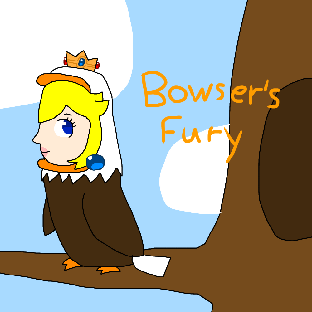 1girl bad_source bald_eagle bird blonde_hair blue_eyes cloud cloudy_sky eagle earrings gold_crown jewelry mario_(series) princess_peach sky sphere_earrings super_mario_3d_world_+_bowser's_fury tail tree warriorgirl345 wings