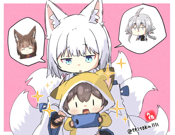 4girls amagi_(azur_lane) animal_costume animal_ears azur_lane cellphone chibi crossover fox_costume fox_ears fox_girl fox_tail historical_name_connection holding holding_phone kaga_(azur_lane) kaga_(battleship)_(azur_lane) kaga_(kancolle) kantai_collection kitsune kyuubi meta multiple_girls multiple_tails name_connection phone pink_background playing_games simple_background smartphone sparkle tail taisa_(kari) tosa_(azur_lane) twitter_username