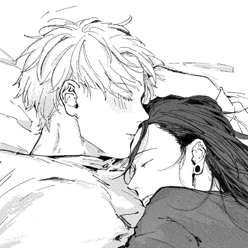 2boys blush close-up closed_eyes couple earrings getou_suguru gojou_satoru greyscale hand_on_another's_head jewelry jujutsu_kaisen long_hair lying lying_on_person monochrome multiple_boys on_back on_bed pectoral_pillow short_hair sleeping stud_earrings until_death yaoi