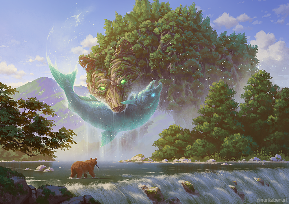 animal bear blue_sky cloud commentary_request day fish fish_in_mouth giant giant_monster glowing glowing_eyes green_eyes landscape monster mountain mouth_hold nature no_humans nurikabe_(mictlan-tecuhtli) original outdoors plant river rock simple_bird size_difference sky tree twitter_username water waterfall
