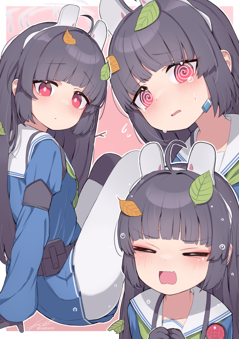 &gt;o&lt; 1girl @_@ animal_ear_hairband animal_ears black_gloves black_hair blue_archive blue_shirt blue_skirt blunt_bangs blush border closed_eyes commentary_request fake_animal_ears gloves green_neckerchief hairband headset leaf leaf_on_head long_hair long_sleeves looking_at_viewer microphone miniskirt miyu_(blue_archive) multiple_views neckerchief open_mouth outline outside_border pantyhose parted_lips pink_background pleated_skirt rabbit_ears red_eyes saebashi sailor_collar school_uniform serafuku shirt sidelocks signature simple_background skirt sleeves_past_wrists tears twitter_username white_border white_outline white_pantyhose white_sailor_collar